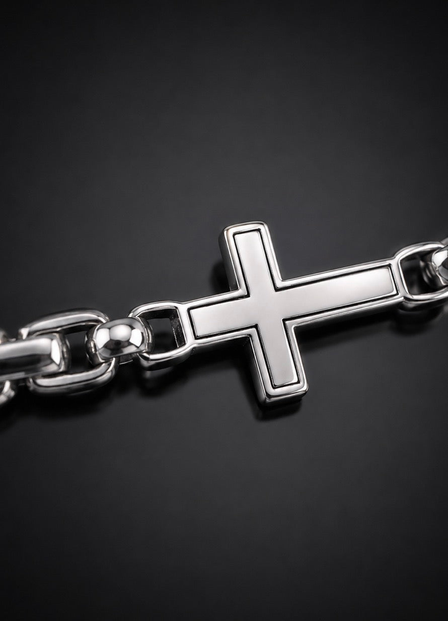 David Yurman Cross Station Bracelet — Sterling Silver Box Chain, 8.5"