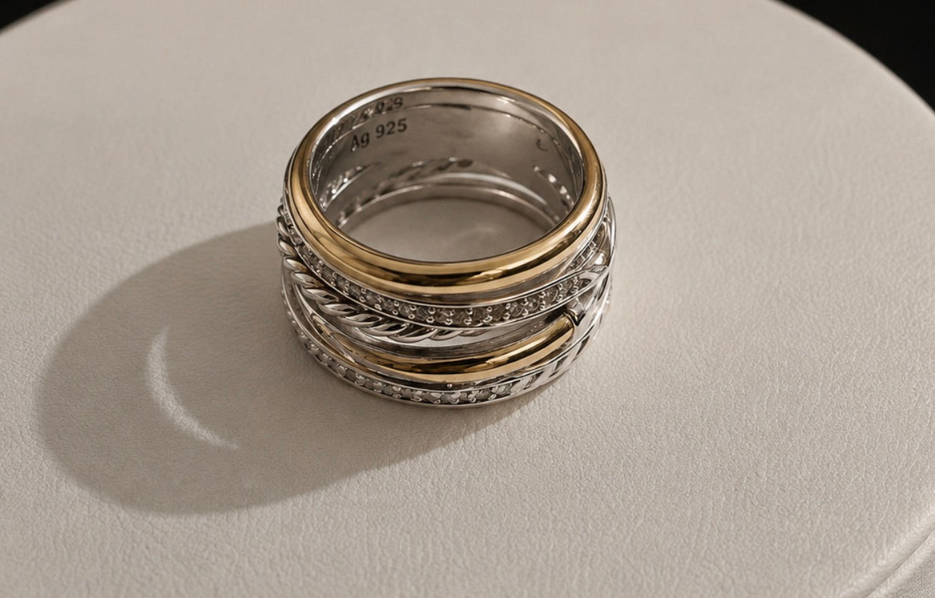 David Yurman Sterling Silver & 18K Gold Multi-Row Ring – Sizes 6 & 7
