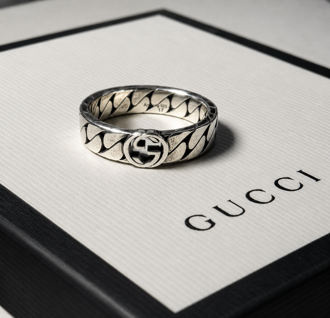 Gucci Interlocking G Ring — Aged Sterling Silver, Size 7