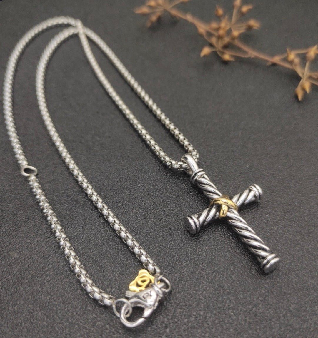 David Yurman X Cross Pendant Necklace — Sterling Silver & Gold, 20"