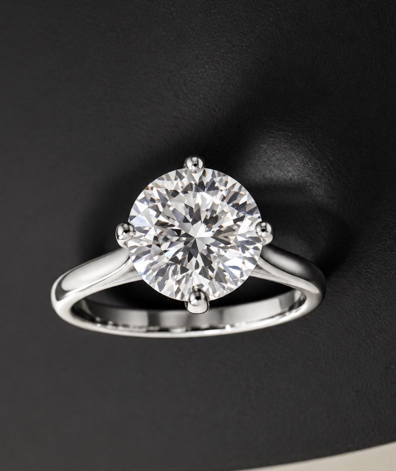 Round Moissanite Solitaire Ring — 4 Carat, Platinum, Size 7