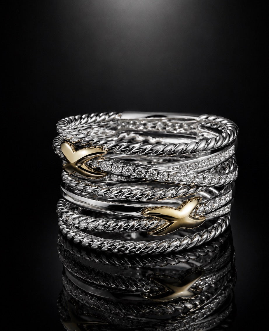 David Yurman X Crossover Multi-Row Ring — Diamonds, Silver & 18K Gold, Size 7