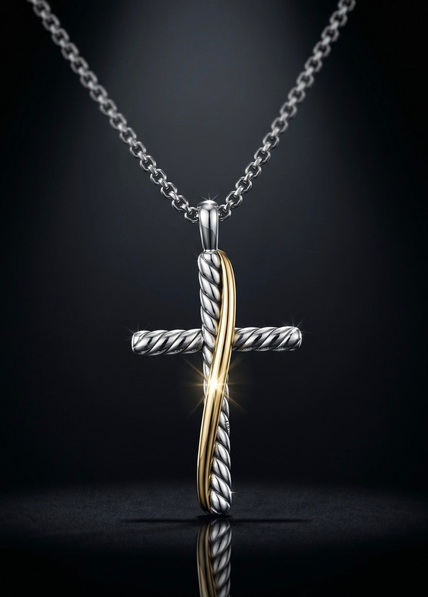 David Yurman Crossover Cross Necklace — Sterling Silver & 18K Gold, 20"
