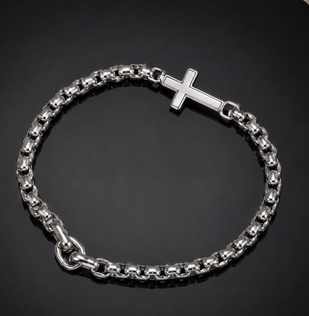 David Yurman Cross Station Bracelet — Sterling Silver Box Chain, 8.5"