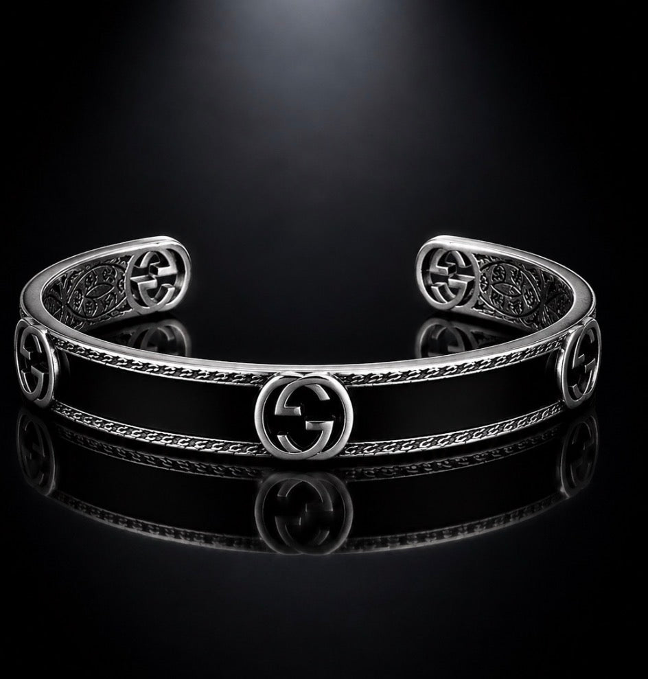 Gucci Interlocking G Cuff Bracelet — Silver & Black Enamel, Medium