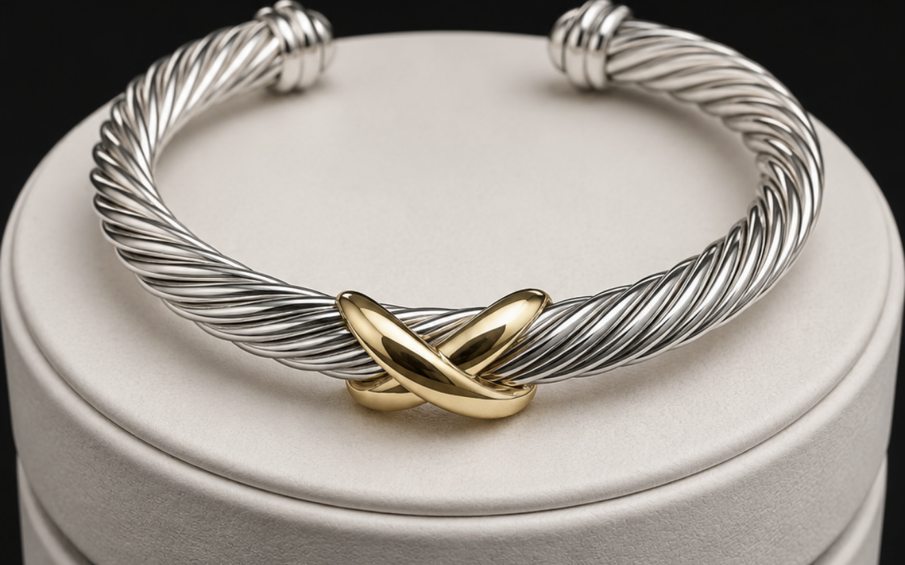 David Yurman X Classic Cable Station Bracelet – Sterling Silver & Yellow Gold sz med-large