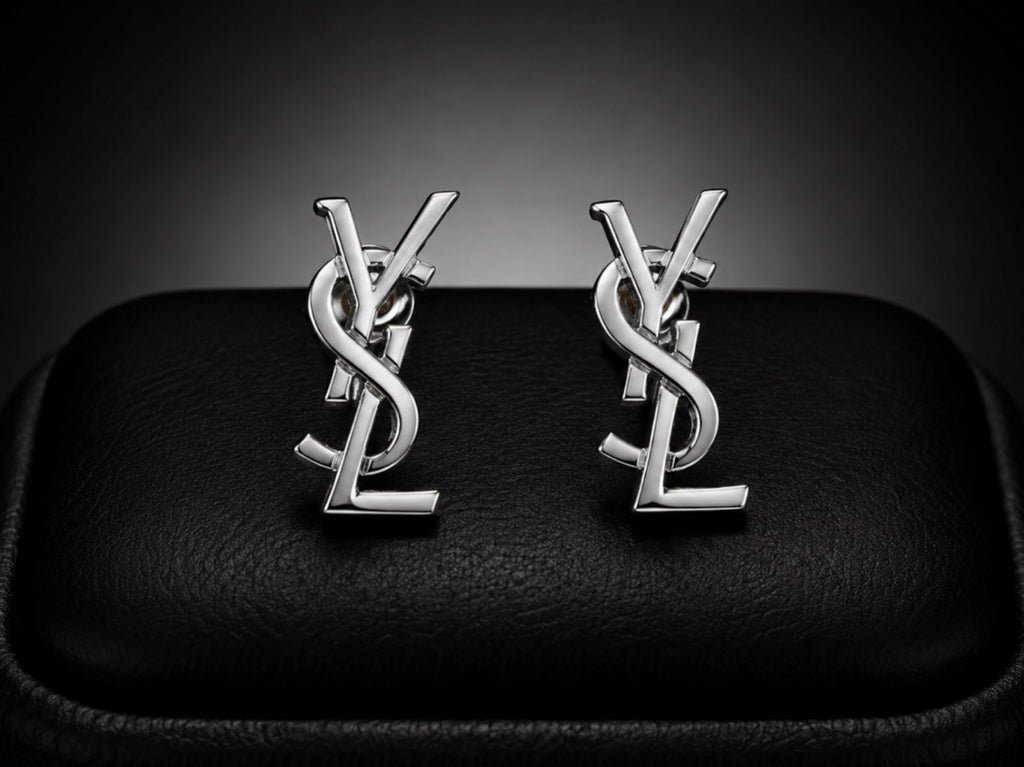 Saint Laurent Opyum YSL Monogram Earrings — Silver-Tone, With Box