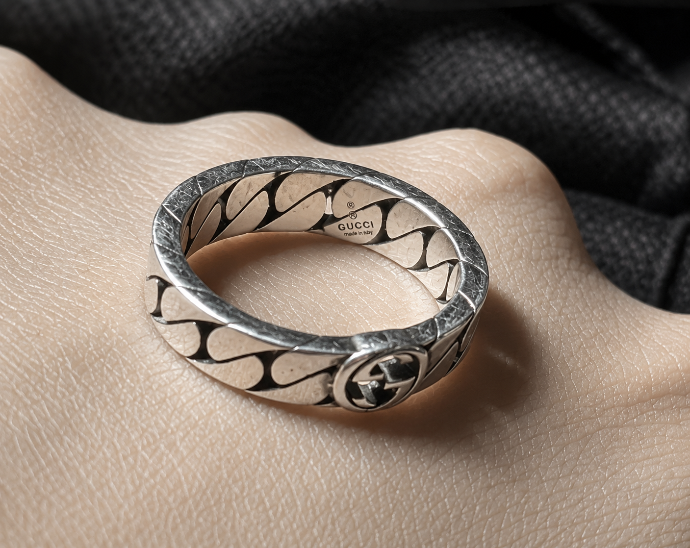 Gucci Interlocking G Ring — Aged Sterling Silver, Size 7