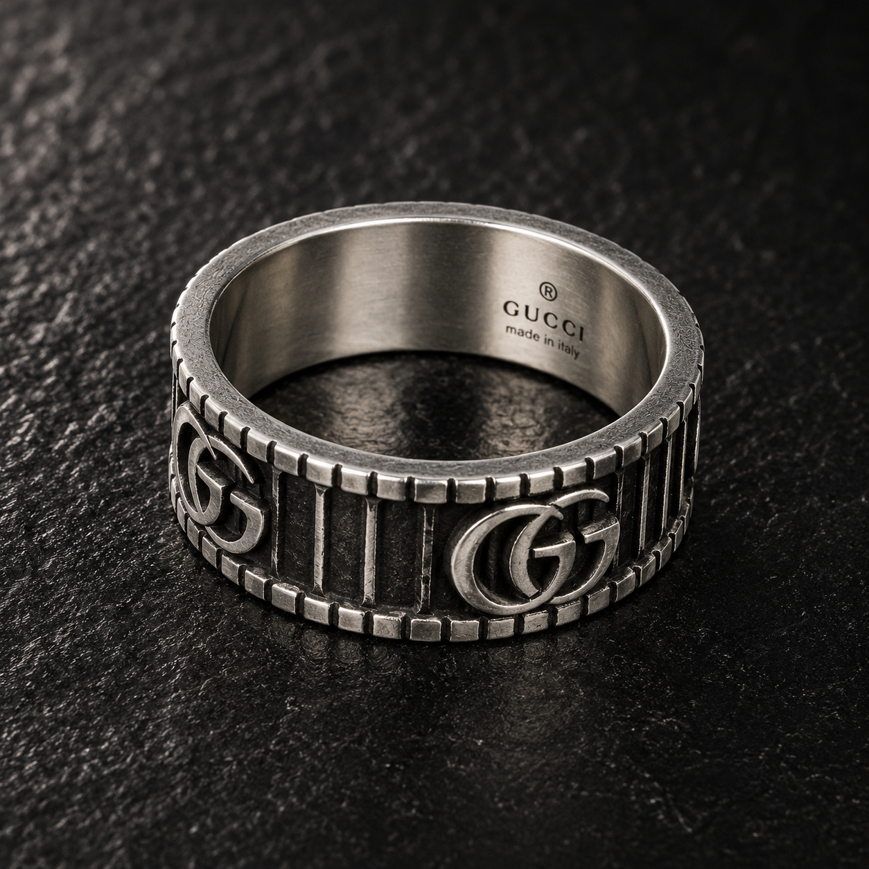 Gucci Double G Column Ring — Aged Sterling Silver, Size 7