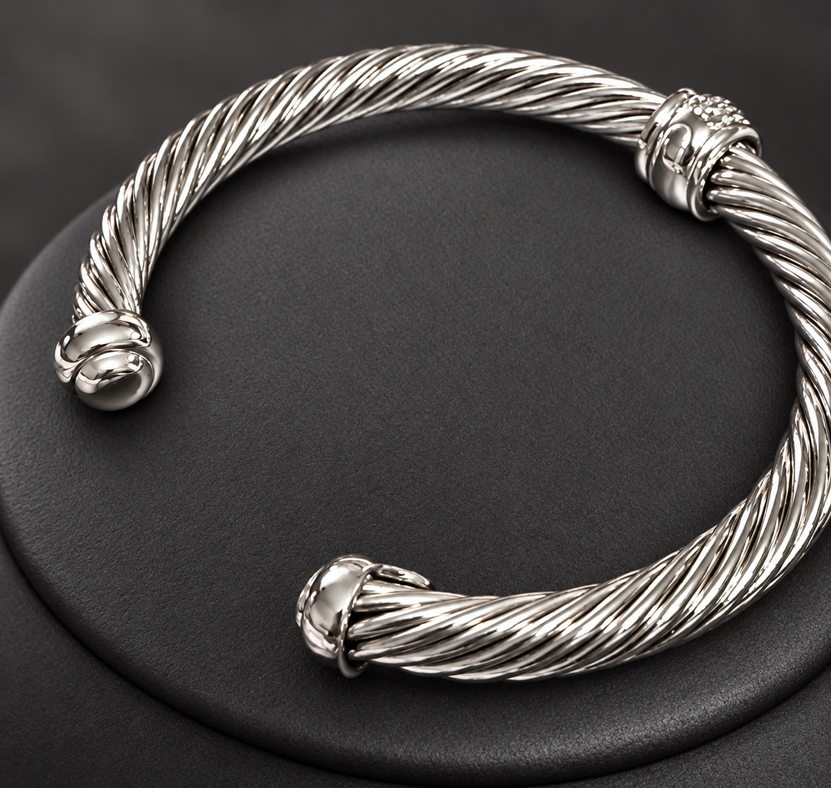 David Yurman Cable Center Station Cuff — Sterling Silver & Black Diamonds, 7mm, Medium/Large