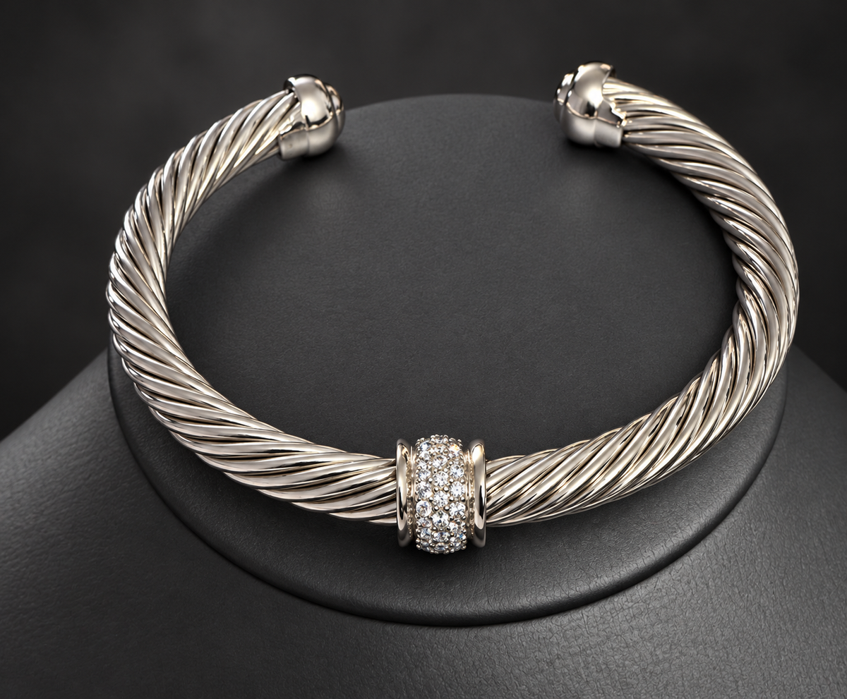David Yurman Cable Center Station Cuff — Sterling Silver & Black Diamonds, 7mm, Medium/Large