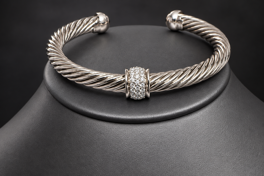 David Yurman Cable Center Station Cuff — Sterling Silver & Black Diamonds, 7mm, Medium/Large