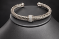David Yurman Cable Center Station Cuff — Sterling Silver & Black Diamonds, 7mm, Medium/Large