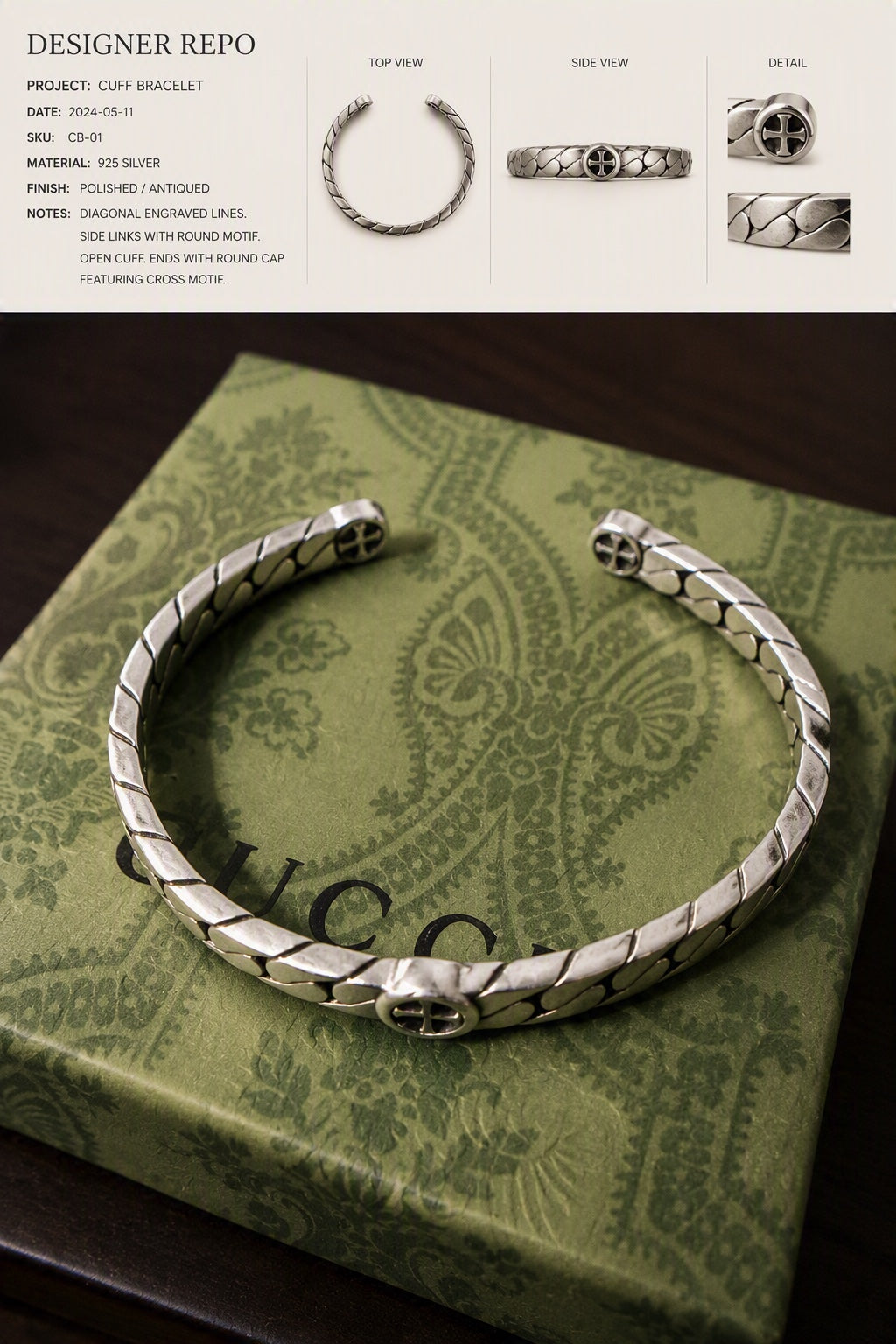 Gucci sterling silver cuff bracelet detail