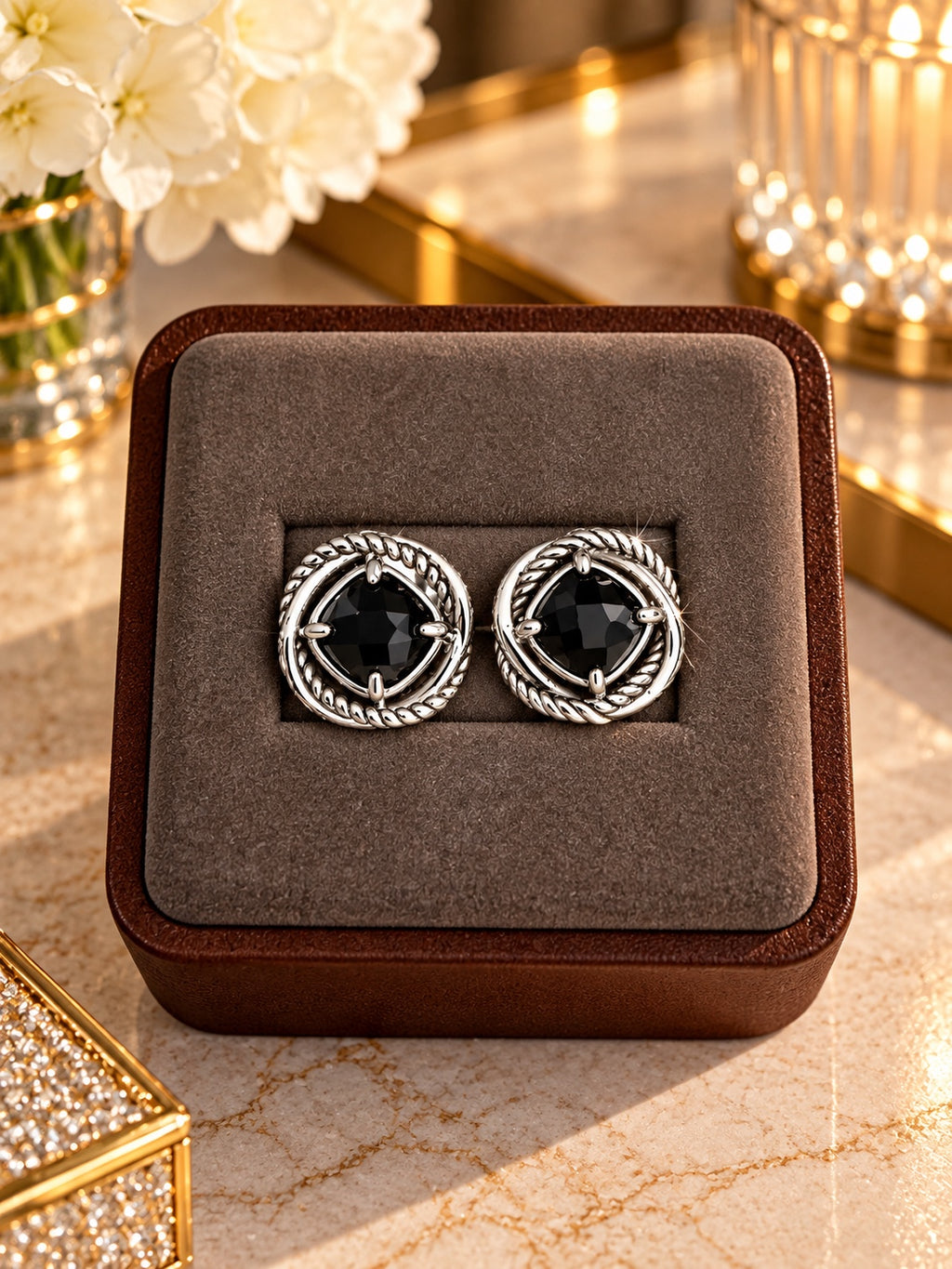 David Yurman black onyx earrings with cable borders, view 1