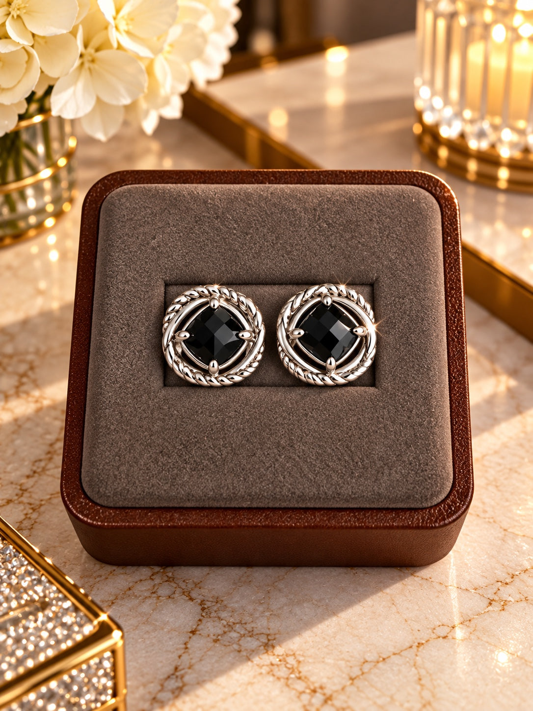 David Yurman black onyx earrings with cable borders, view 2