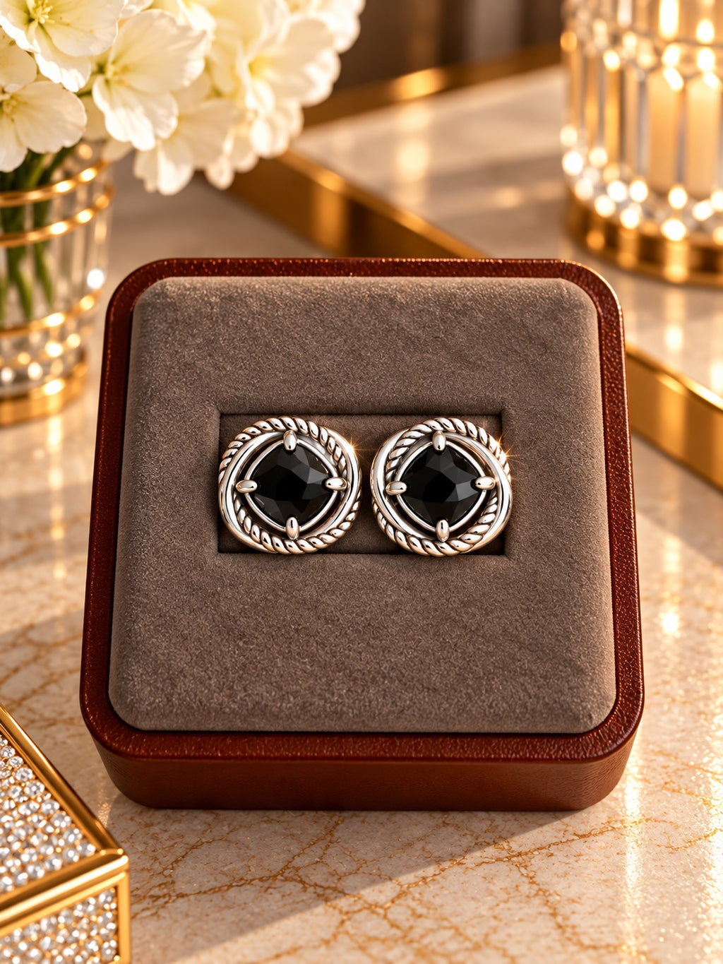 David Yurman black onyx earrings with cable borders, view 3