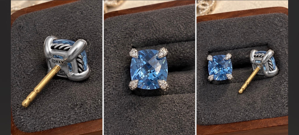 David Yurman blue stone earrings showing front, side, and back details