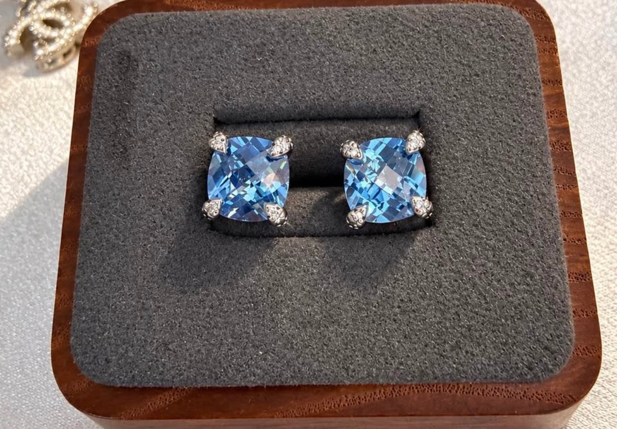David Yurman blue stone earrings, front view of the pair