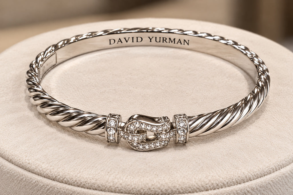 David Yurman Buckle Classic Cable Bracelet in Sterling Silver with Pavé Diamonds, 5mm — Angled View