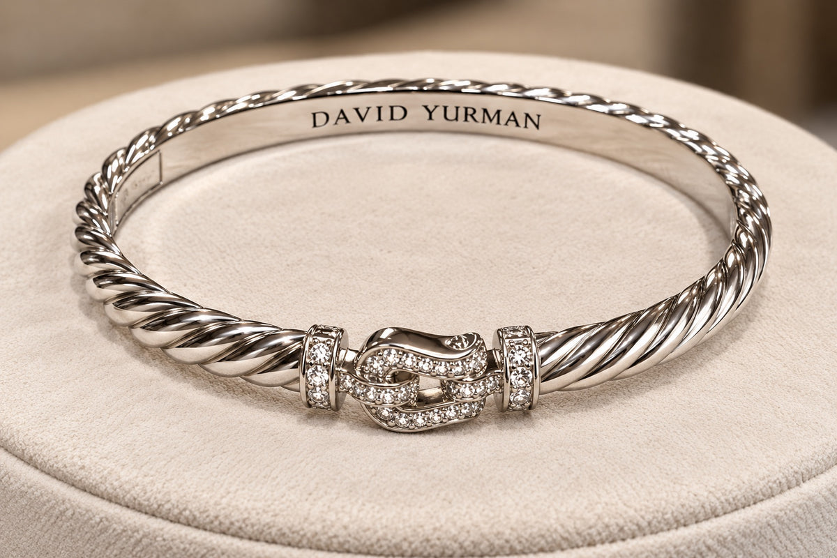David Yurman Buckle Classic Cable Bracelet in Sterling Silver with Pavé Diamonds, 5mm — Angled View