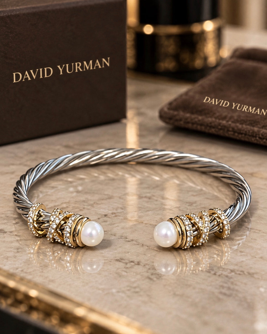David Yurman Helena Cable Cuff Bracelet with Pearls, Pavé Diamonds and 18K Gold — With Presentation Box & Pouch