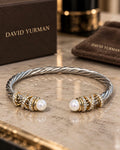 David Yurman Helena Cable Cuff Bracelet with Pearls, Pavé Diamonds and 18K Gold — With Presentation Box & Pouch