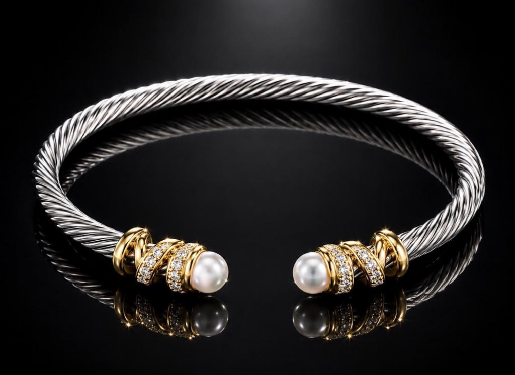 David Yurman Helena Cable Cuff Bracelet with Pearls, Pavé Diamonds and 18K Gold — Studio View