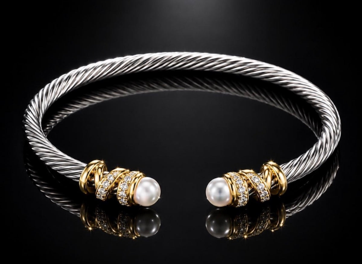 David Yurman Helena Cable Cuff Bracelet with Pearls, Pavé Diamonds and 18K Gold — Studio View