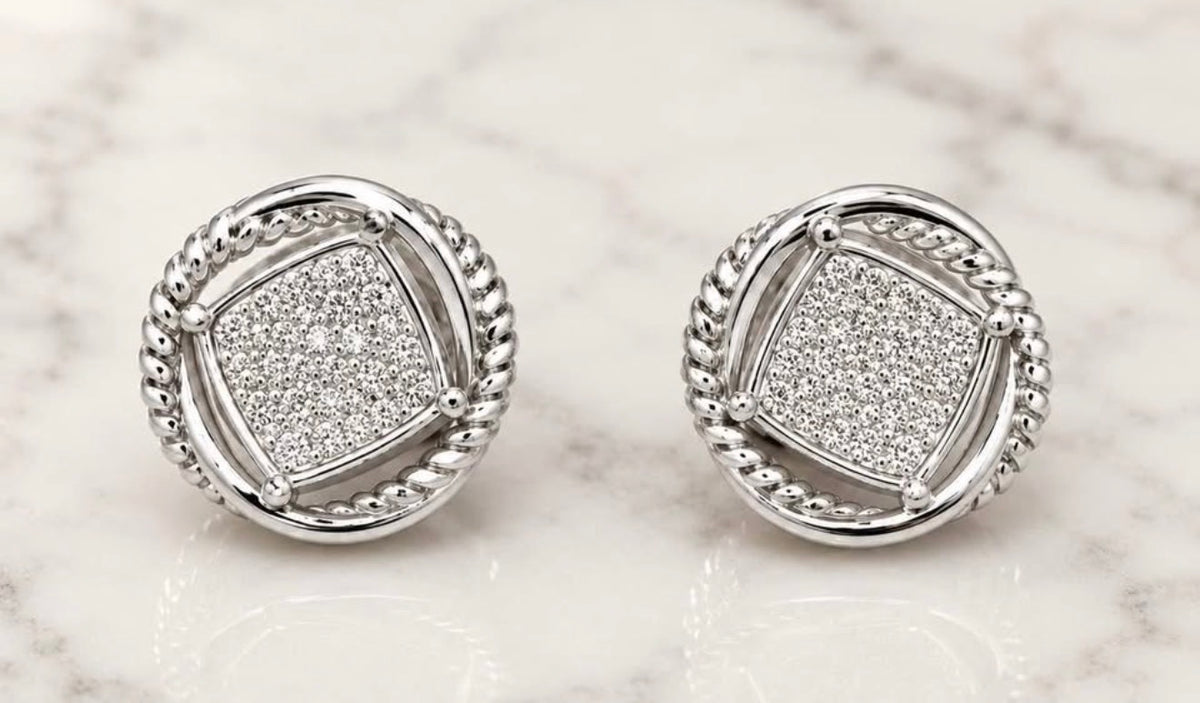 David Yurman Petite Albion pave diamond stud earrings in sterling silver front view