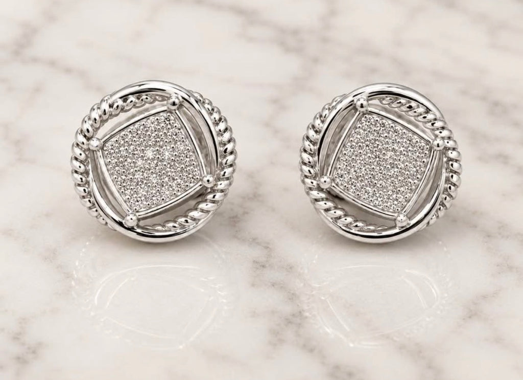 David Yurman Petite Albion pave diamond stud earrings in sterling silver straight front view