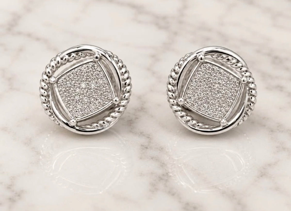 David Yurman Petite Albion pave diamond stud earrings in sterling silver straight front view