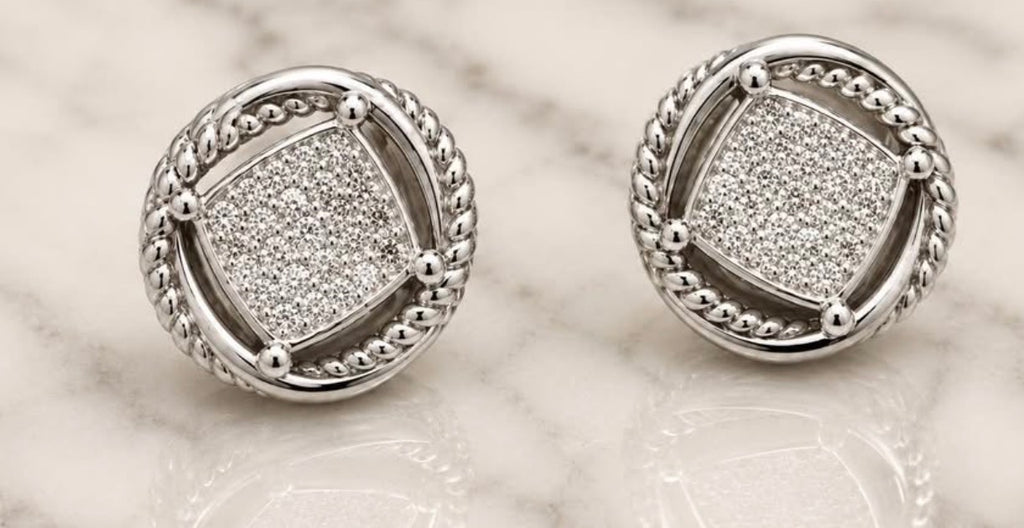 David Yurman Petite Albion pave diamond stud earrings in sterling silver angled front view