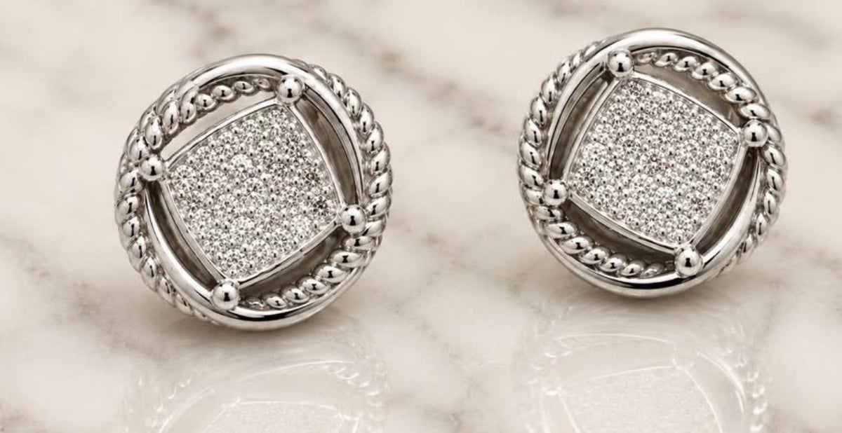 David Yurman Petite Albion pave diamond stud earrings in sterling silver angled front view