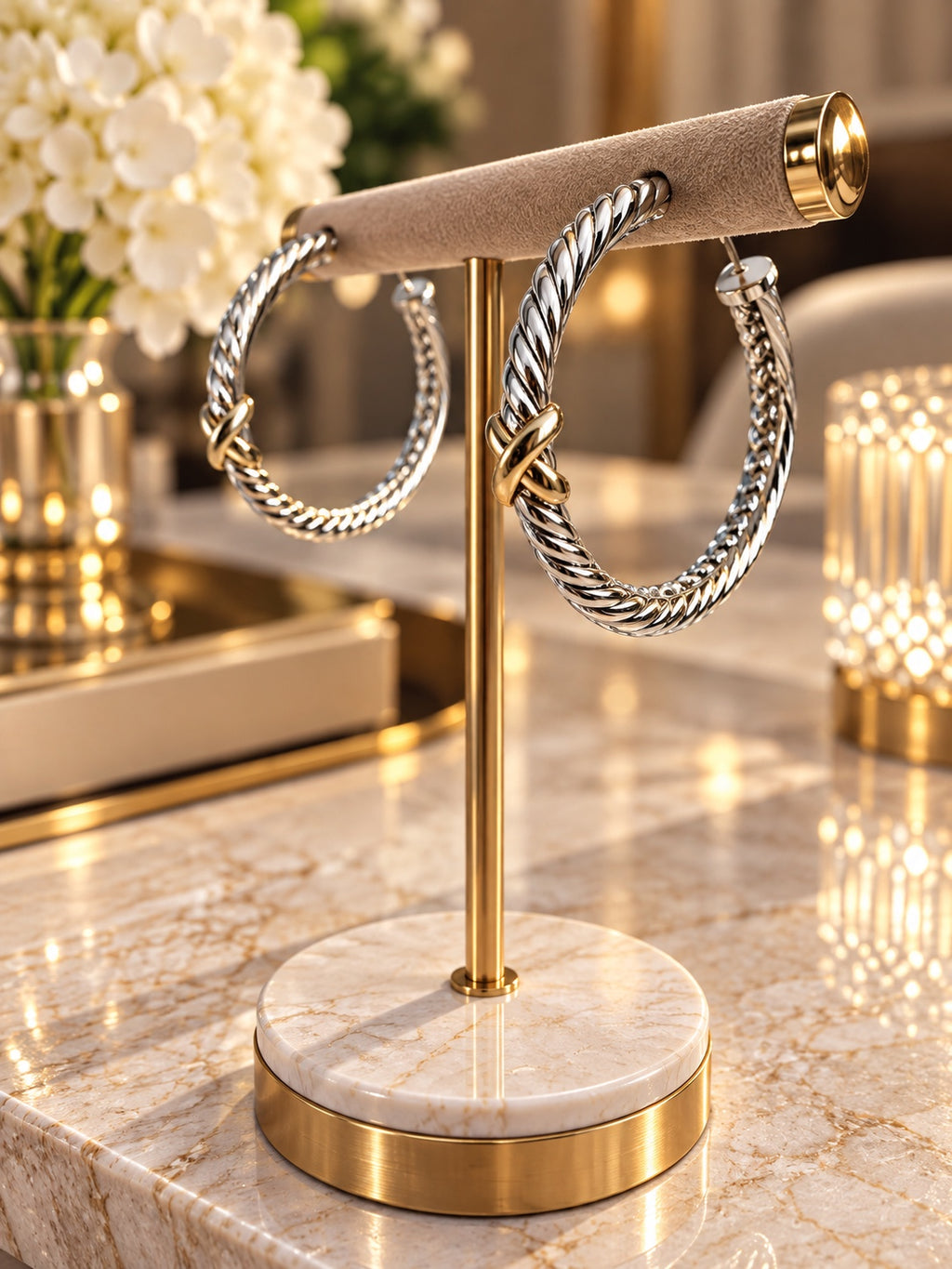 David Yurman two-tone cable hoop earrings with gold-colored X accents, view 3