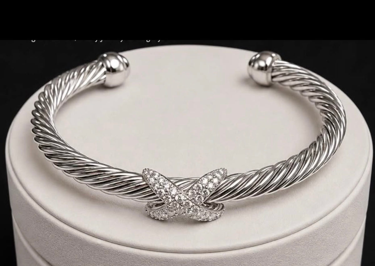 David Yurman Wheaton 7mm sterling silver diamond X cuff bracelet size medium
