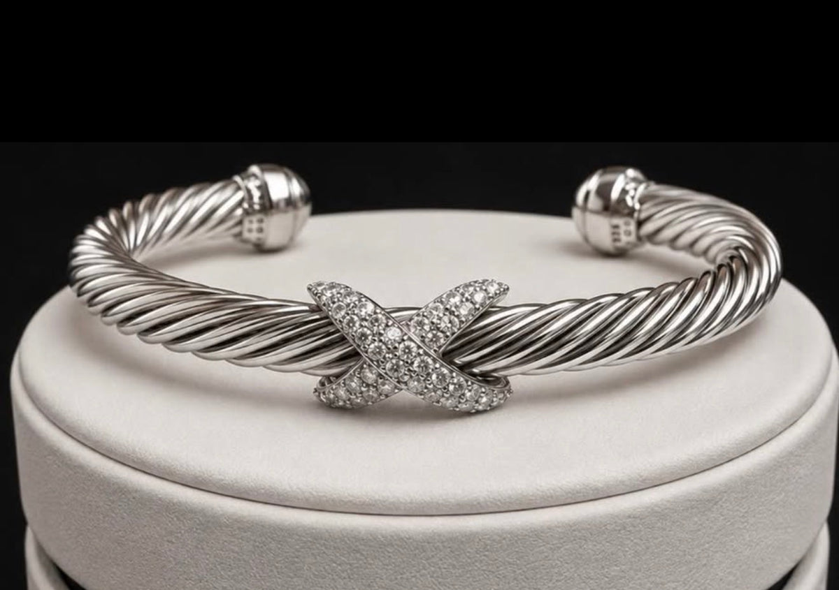 David Yurman Wheaton 7mm sterling silver diamond X cuff bracelet front view
