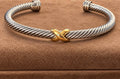 David Yurman X Collection Classic Cable Station Cuff Bracelet — Sterling Silver & 18K Yellow Gold, 5mm — Front View