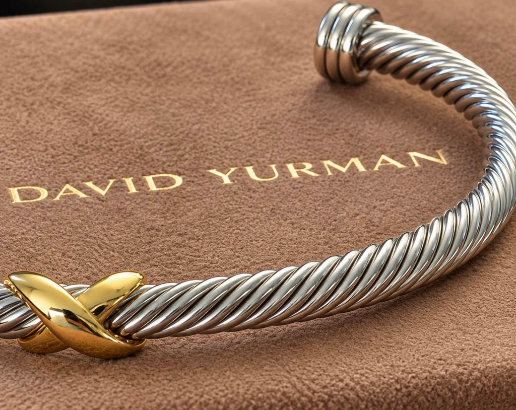 David Yurman X Collection Classic Cable Station Cuff Bracelet — Sterling Silver & 18K Yellow Gold, 5mm — Detail on Suede Pouch
