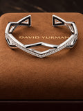 David Yurman Zig Zag Stax Two-Row Cuff Bracelet in Sterling Silver with Diamonds, 13mm — Front View