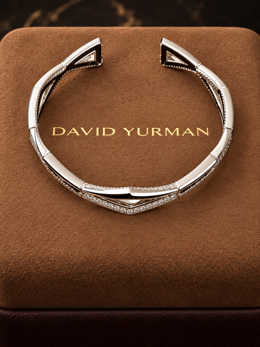 David Yurman Zig Zag Stax Two-Row Cuff Bracelet in Sterling Silver with Diamonds, 13mm — Overhead View