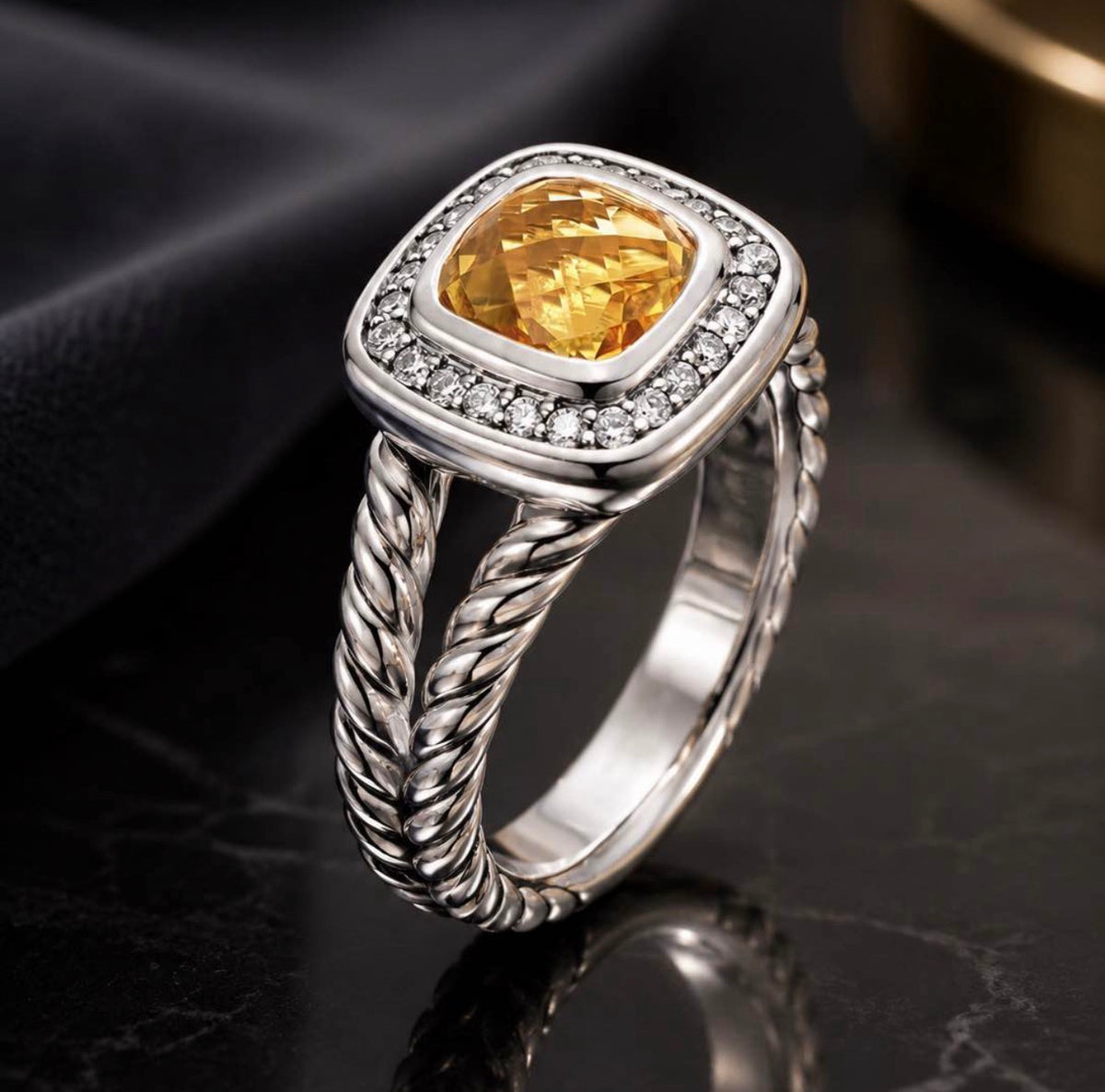 David Yurman Petite Albion citrine ring, angled view showing cable split shank