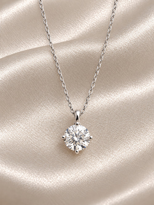1 ct lab-grown diamond drop necklace with platinum setting, pendant close-up