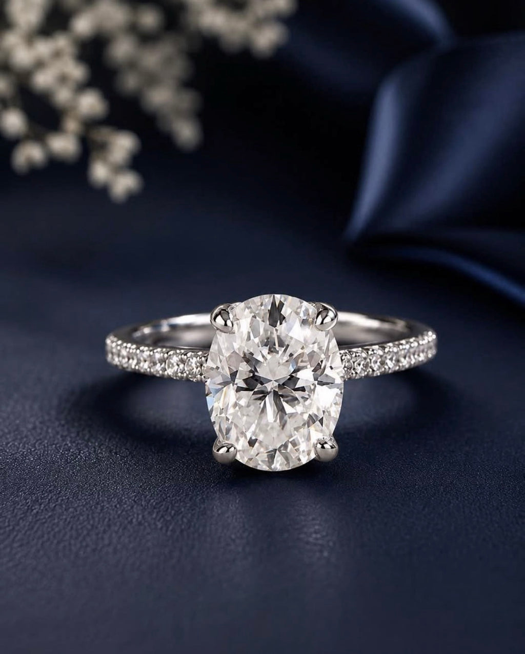 3 carat oval lab-grown diamond pavé solitaire ring in platinum