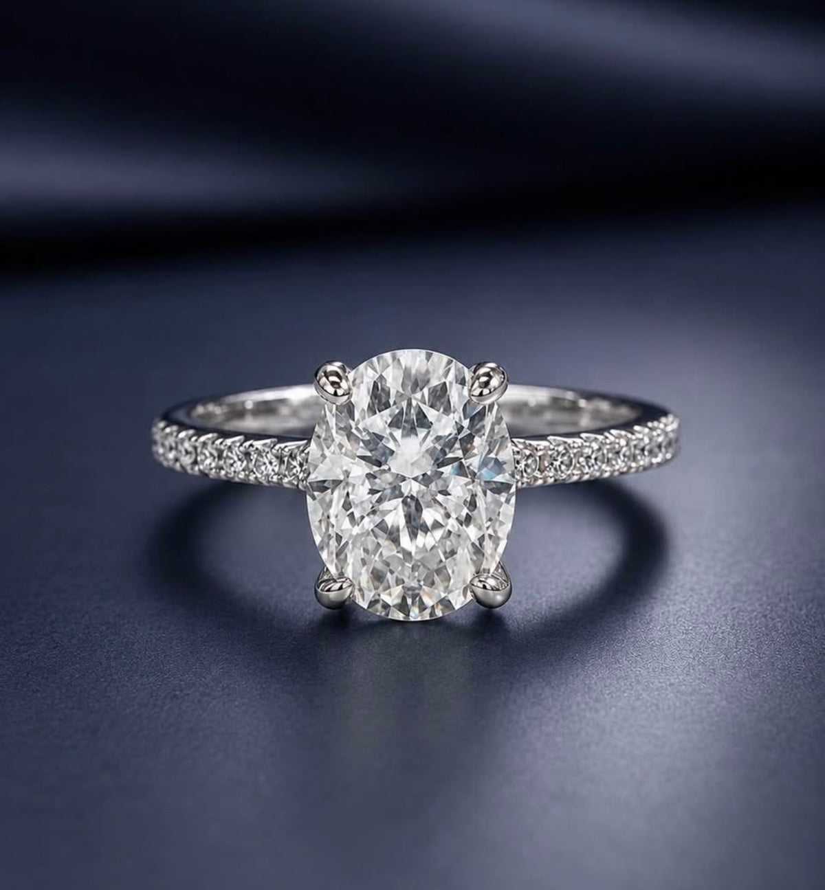 3 carat oval lab-grown diamond ring with pavé platinum band