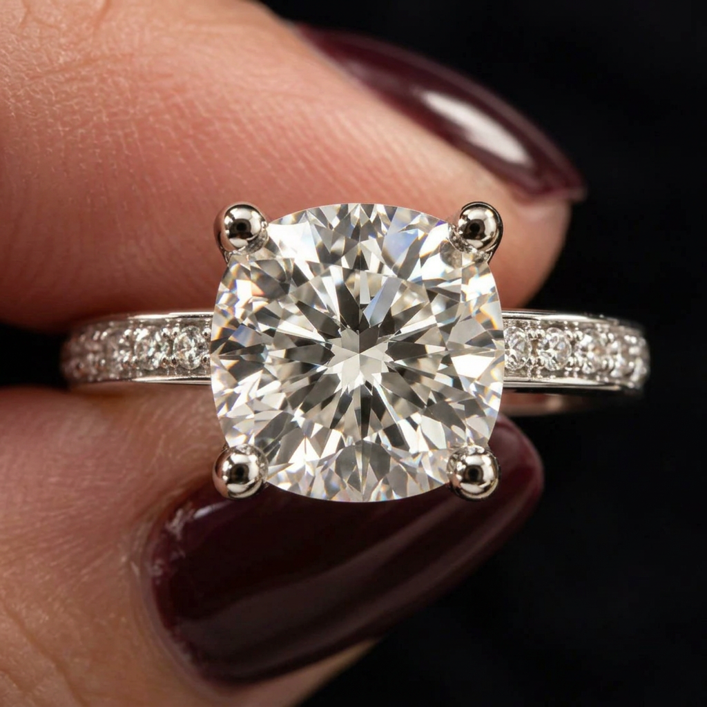 PHNX 2 Carat Lab-Grown Diamond Pavé Ring in Pt950 Platinum, Size 7 — Close-Up Center Diamond & Pavé Band
