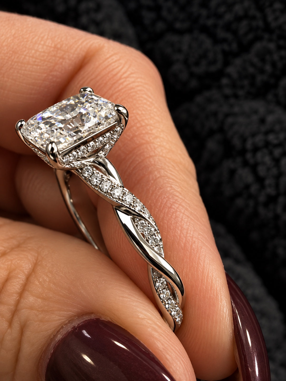 PHNX 2 Carat TW Radiant-Cut Lab-Grown Diamond Twisted Infinity Pavé Ring in Pt950 Platinum - Hidden Halo & Twisted Shank Detail