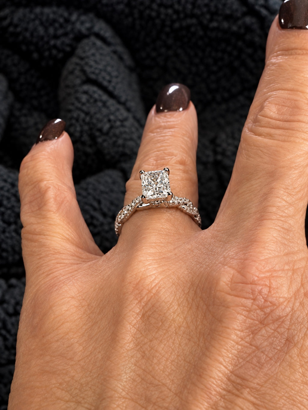 PHNX 2 Carat TW Radiant-Cut Lab-Grown Diamond Twisted Infinity Pavé Ring in Pt950 Platinum - On Hand Angled View