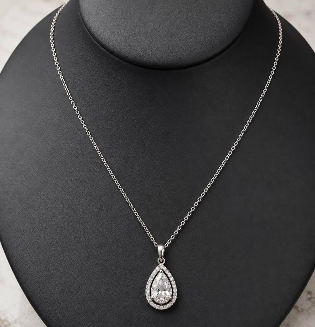 House of PHNX platinum pear diamond drop necklace full display view