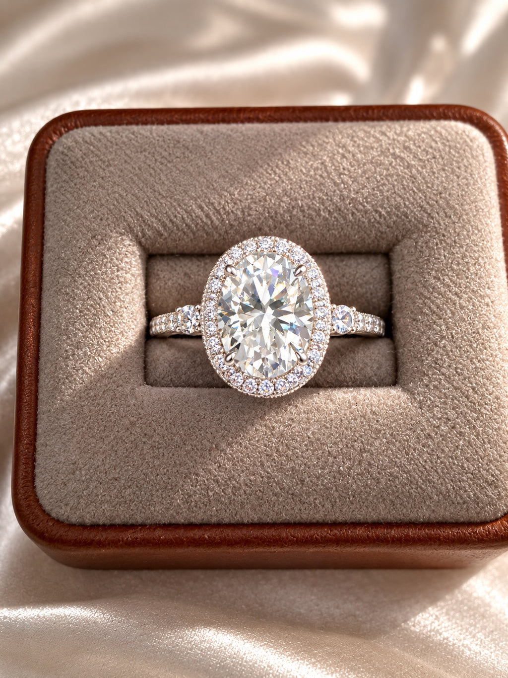 PHNX 4 CTW Oval Lab-Grown Diamond Halo & Pavé Ring, Size 7 — Close-Up Box View